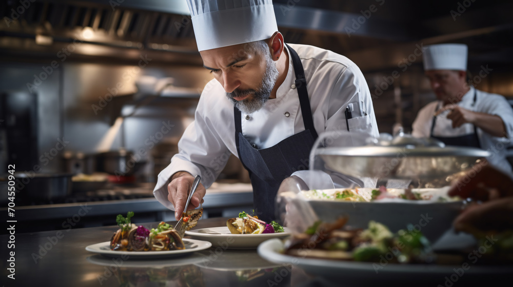 Award-winning color photo of a chef passionately preparing gourmet fine dine dish