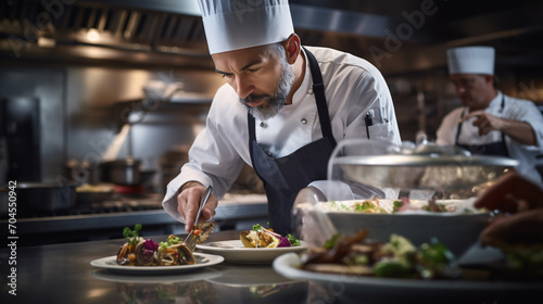 Award-winning color photo of a chef passionately preparing gourmet fine dine dish