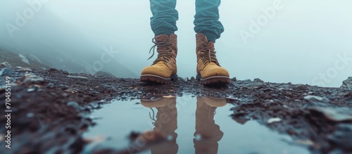 Male tourist's legs in boots in mountain puddle, with foggy sky backdrop. photo