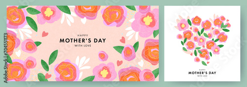 Mother's Day card. Trendy banner, poster, flyer, label or cover with flowers frame, abstract floral pattern in mid century art style. Spring summer bright abstract floral design template for ads promo