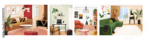 Home furniture. Room interior. House design with bookcase and comfortable sofa. Scandinavian decor. Flat furnishing. Table and armchair. Plant in flowerpot. Hugge apartments vector set
