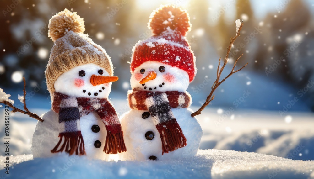 winter holiday christmas background banner closeup of two cute knitted funny laughing snowmen with red wool hat and scarf on snowy snow snowscape illuminated by the sun