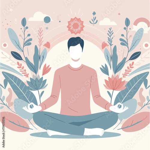 flat illustration of relaxed happy young man makes zen gesture meditates in pose lotus outdoor breathes deeply practices yoga to feel relaxed. concept of harmony, meditation, calmness, acceptance