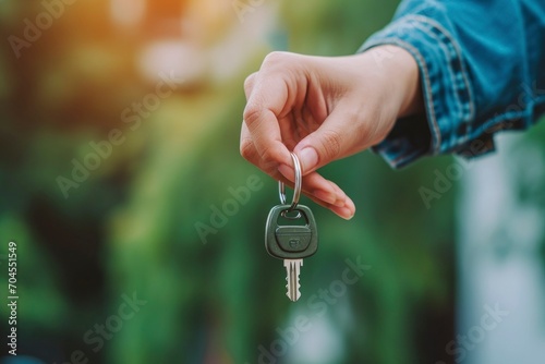 Hand holding keys. A hand holding a car key, symbolizing the connection between housing and vehicle ownership. Buying and selling cars