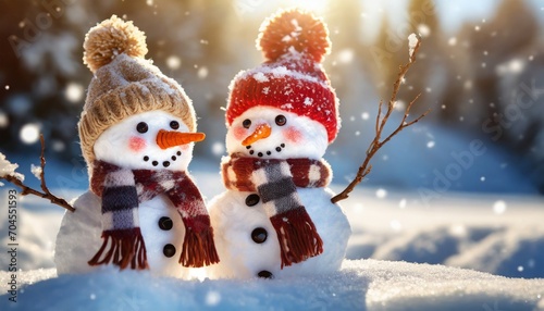 winter holiday christmas background banner closeup of two cute knitted funny laughing snowmen with red wool hat and scarf on snowy snow snowscape illuminated by the sun © Florence