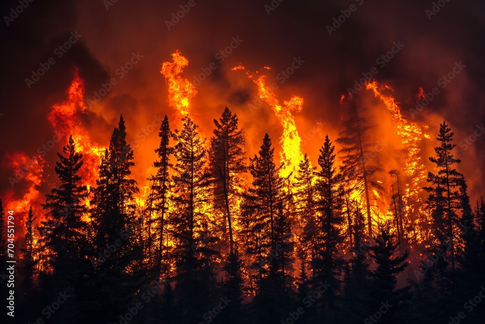 A beautiful wild forest on a mountain, engulfed in fire with a lot of smoke A beautiful wild forest on a mountain, engulfed in fire with a lot of smoke