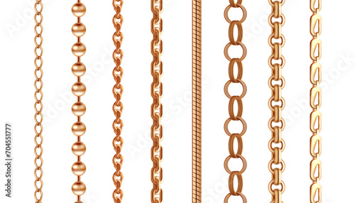 Gold chain. Golden bracelet pattern. Baroque expensive rope for necklace strength stripe. Jewelry border ornament. Shiny precious metal links. Luxury accessory. Vector jewel frames set
