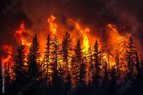 A beautiful wild forest on a mountain, engulfed in fire with a lot of smoke