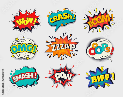Comic boom. Pop art effect. Speech bubble. Bang cloud. Wow balloon. Onomatopoeia patterns. Bomb burst. OMG and Oops retro stickers. Vector cartoon sound or crash funny elements set photo