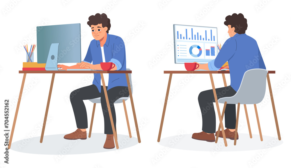 Man working in office. Worker at table. Laptop on desk. Person in front or back. Business character. People sitting on chair. Computer on desktop. Managers workplace. Vector illustration Man working in office. Worker at table. Laptop on desk. Person in front or back. Business character. People sitting on chair. Computer on desktop. Managers workplace. Vector illustration