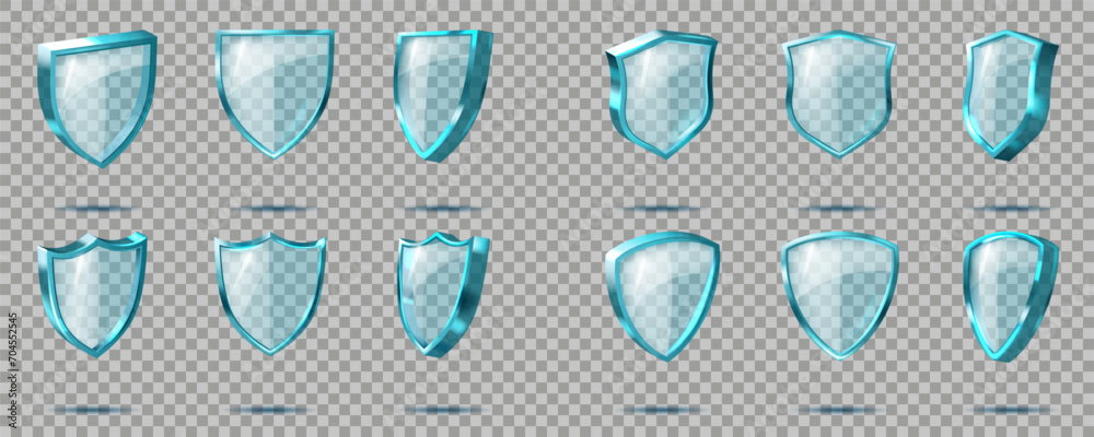 Dynamic Angle Shield Icon Vector Protect shield. 3D glass icon with transparent clean blue light effect ...