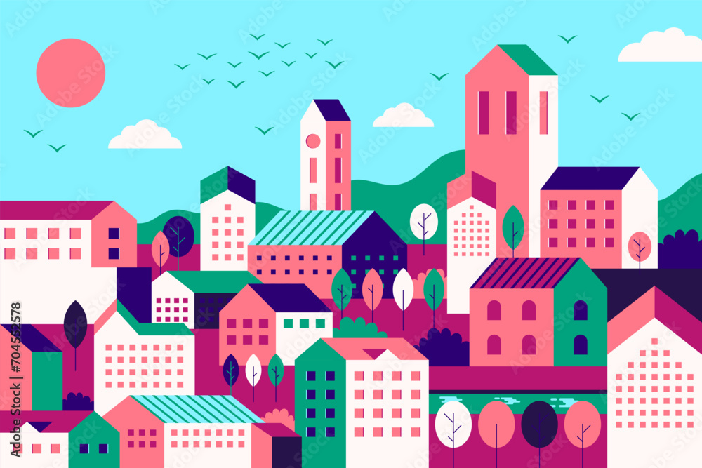 Geometric city landscape. Graphic building pattern. Town homes. Cityscape with tree and house blocks. Summer panorama. Trees on hill. Minimal scenery. Architecture vector flat design