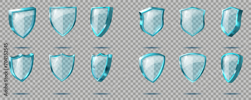 Protect shield. 3D glass icon with transparent clean blue light effect. Shine trophy for certificate. Crystal badge view angles. Plexiglass armor. Vector secure isolated symbols set