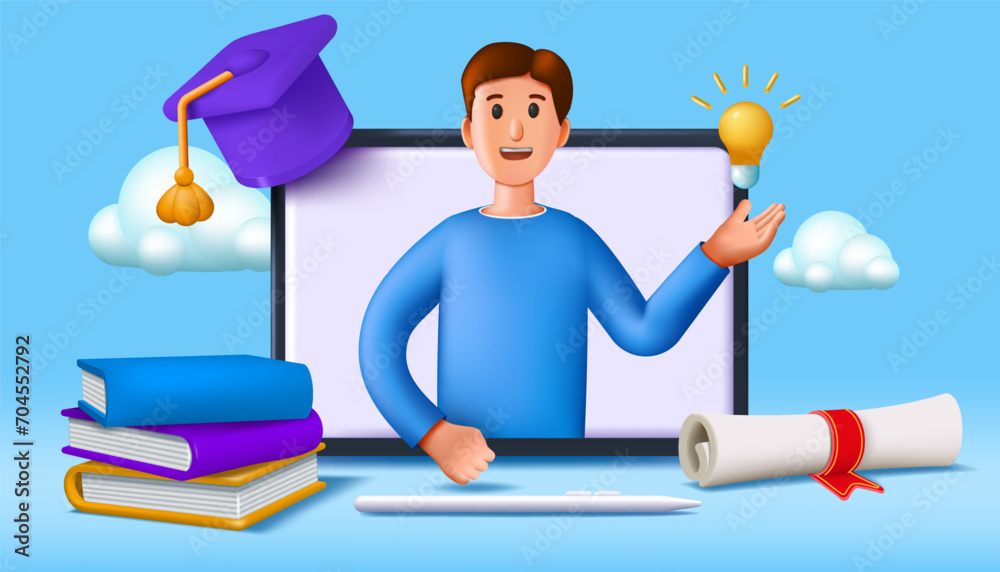 3D teacher. Student training online. People character on English course or class in computer. Render laptop and books stack. University education. Graduate diploma. Vector concept icon 3D teacher. Student training online. People character on English course or class in computer. Render laptop and books stack. University education. Graduate diploma. Vector concept icon