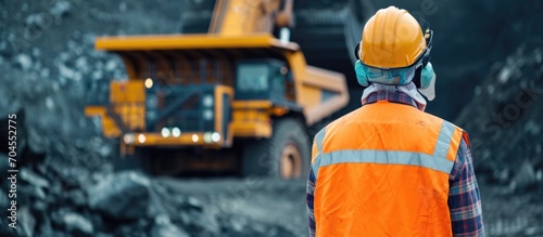 Worker operating heavy mining machinery photo