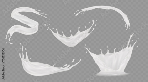 Milk splash. Liquid cream. Yoghurt splashing. 3D white drop texture. Milky wave splatter. Healthy drink. Fresh dairy product. Realistic water swirl. Vector isolated fluid elements set