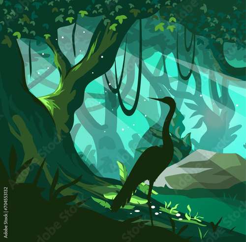 Jungle landscape. Wild forest. Tree trunks and lianas. Tropical nature. Light beams. Heron on stone. Rainforest foliage. Summer mystical scenery. Silhouette greenery. Vector background