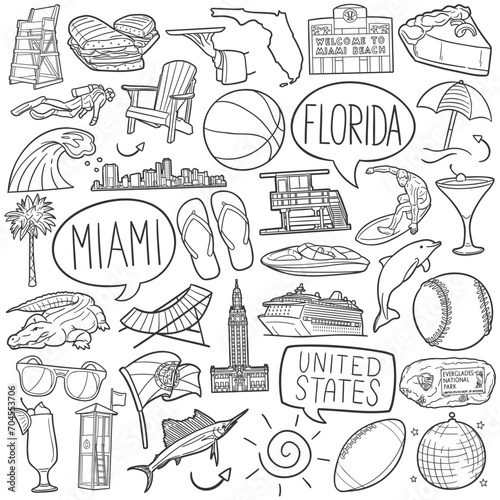 Miami Doodle Icons Black and White Line Art. Florida Clipart Hand Drawn Symbol Design.