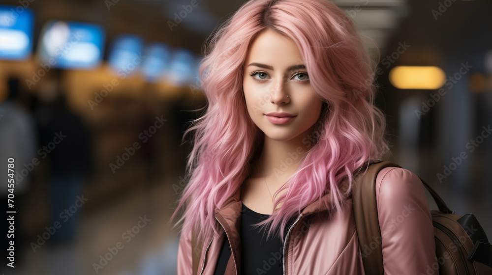 portrait of a woman in the city, At the train or airport, a young lady with pink hair and a bag
