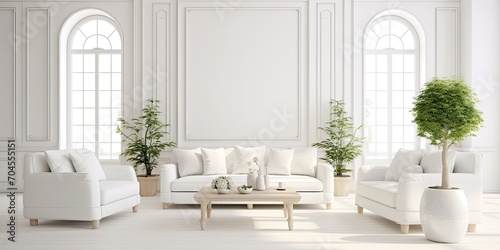 Spacious white living room with furniture and decor. © Vusal