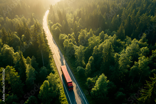 A truck traversing a lengthy road, surrounded by a serene and lush dark forest during a summer morning.