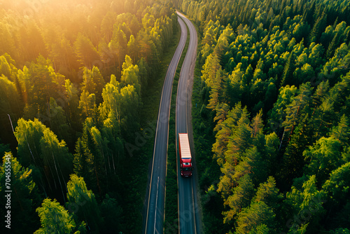 A truck traversing a lengthy road, surrounded by a serene and lush dark forest during a summer morning.