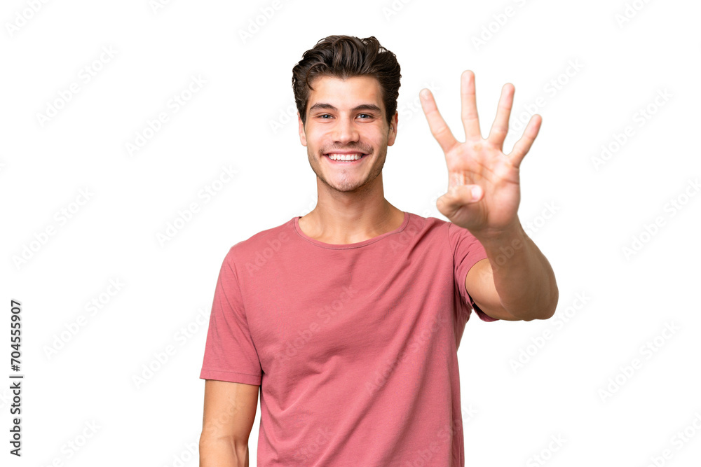 Young handsome caucasian man over isolated background happy and counting four with fingers Young handsome caucasian man over isolated background happy and counting four with fingers