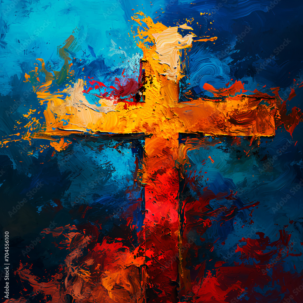 An abstract representation of the Christian cross symbolizing Jesus Christ, rendered in vibrant and abstract colors.
