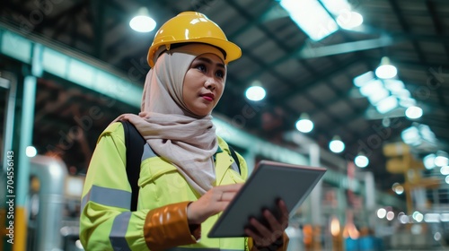 A Muslim civil engineer in hijab, uniform, and safety helmet conducting an inspection at a factory using a tablet. Signifying civil engineering, industry, construction, and maintenance