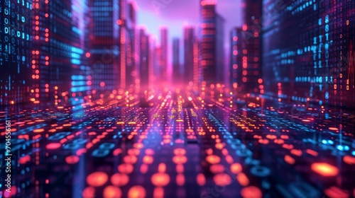 Digital transformation in business, abstract imagery of binary codes seamlessly integrating into a modern city skyline
