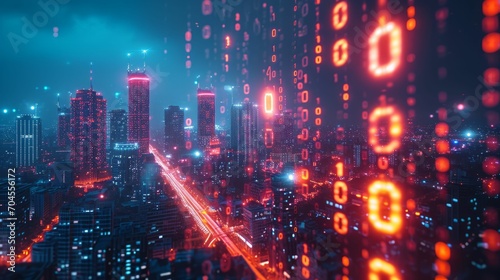 Digital transformation in business, abstract imagery of binary codes seamlessly integrating into a modern city skyline photo