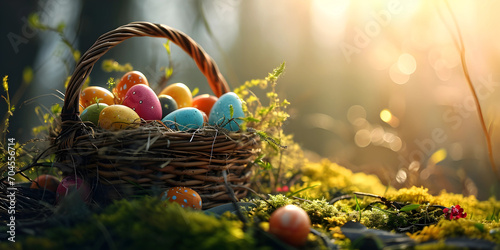 Colorful easter eggs in a basket over a flowerfield and sun rays photo