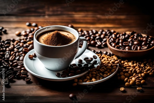 Hot coffee in a white coffee cup and many coffee beans placed around and sugar on a wooden table in a warm, light atmosphere, on dark background, with copy space. 