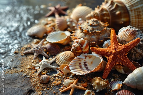 Assorted Seashells and Starfish on a Sandy Shore