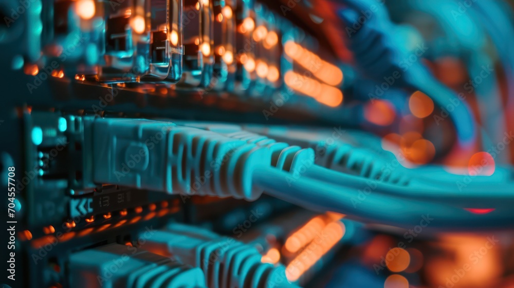 Data center setup: Network panel, switch, and cables with Augmented Reality visuals showing data transfer via Ethernet connections