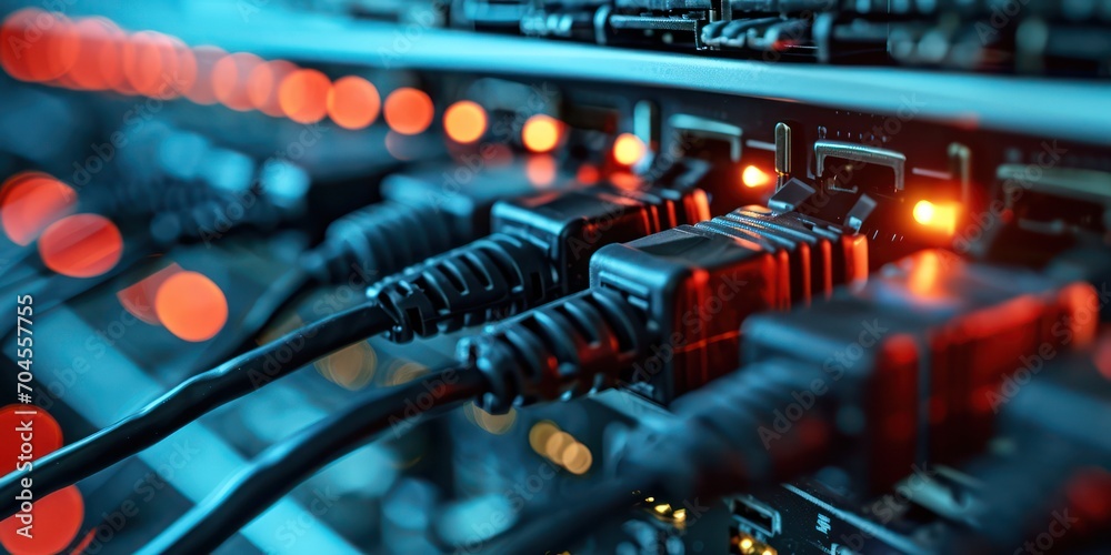 A data center arrangement with Augmented Reality visuals reveals the flow of data via Ethernet connections, including a network panel, switch, and cables.
