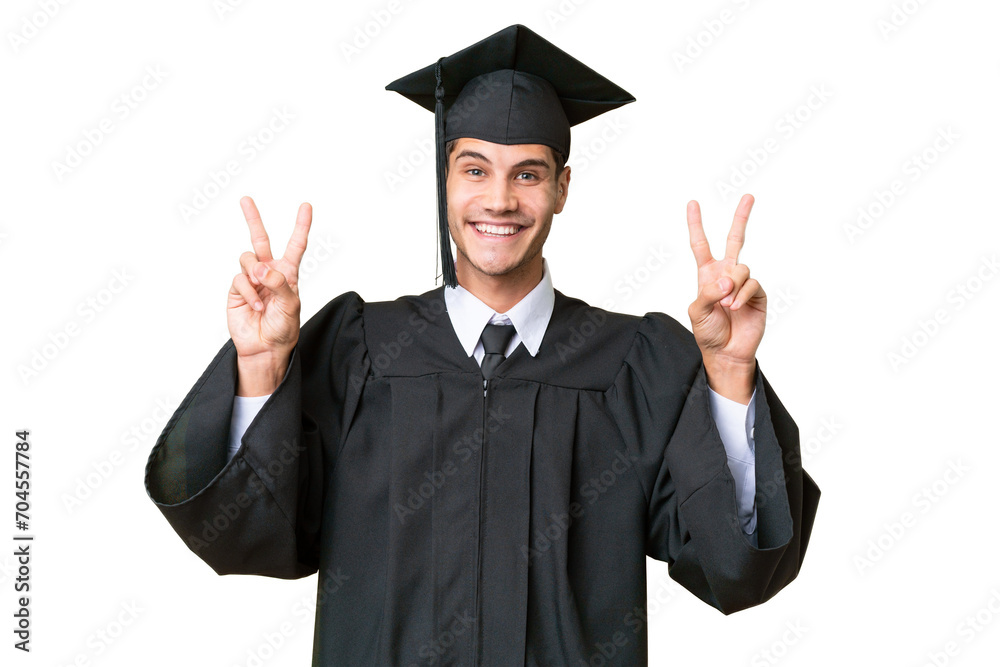 Young university graduate caucasian man over isolated background showing victory sign with both hands Young university graduate caucasian man over isolated background showing victory sign with both hands