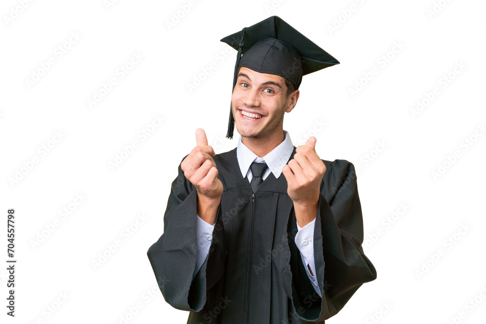 Young university graduate caucasian man over isolated background making money gesture Young university graduate caucasian man over isolated background making money gesture