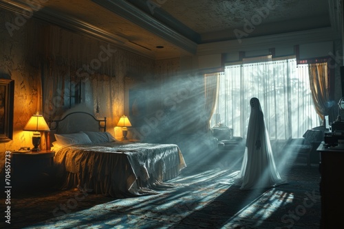 Eerie image of a spectral figure standing in the dusty sunlight of a derelict hotel room