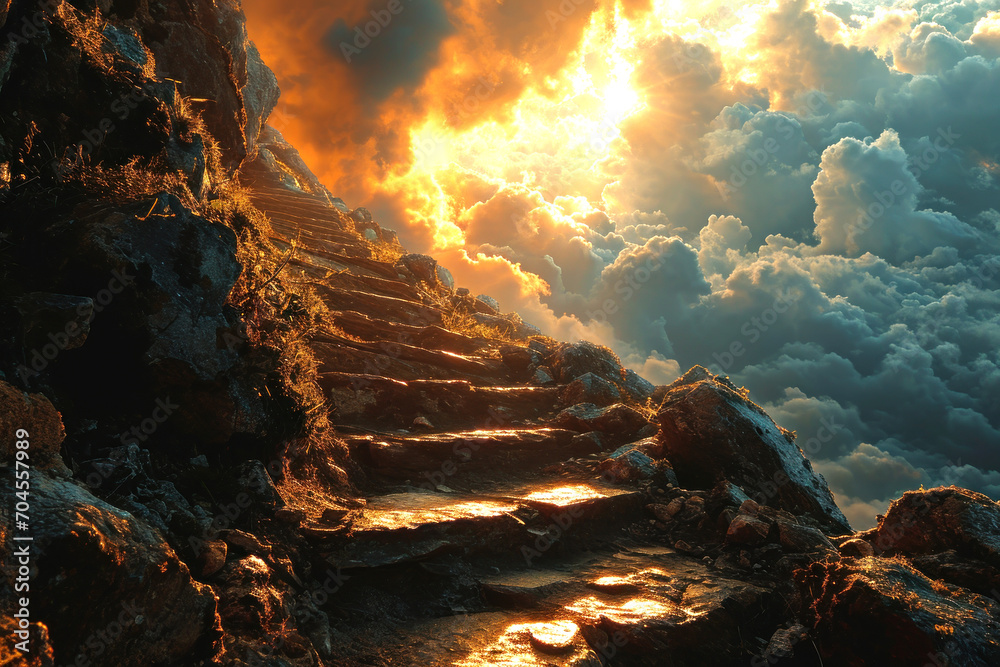 Concept of religion. Stairs to heaven in which believers and Christianity have faith. Afterlife