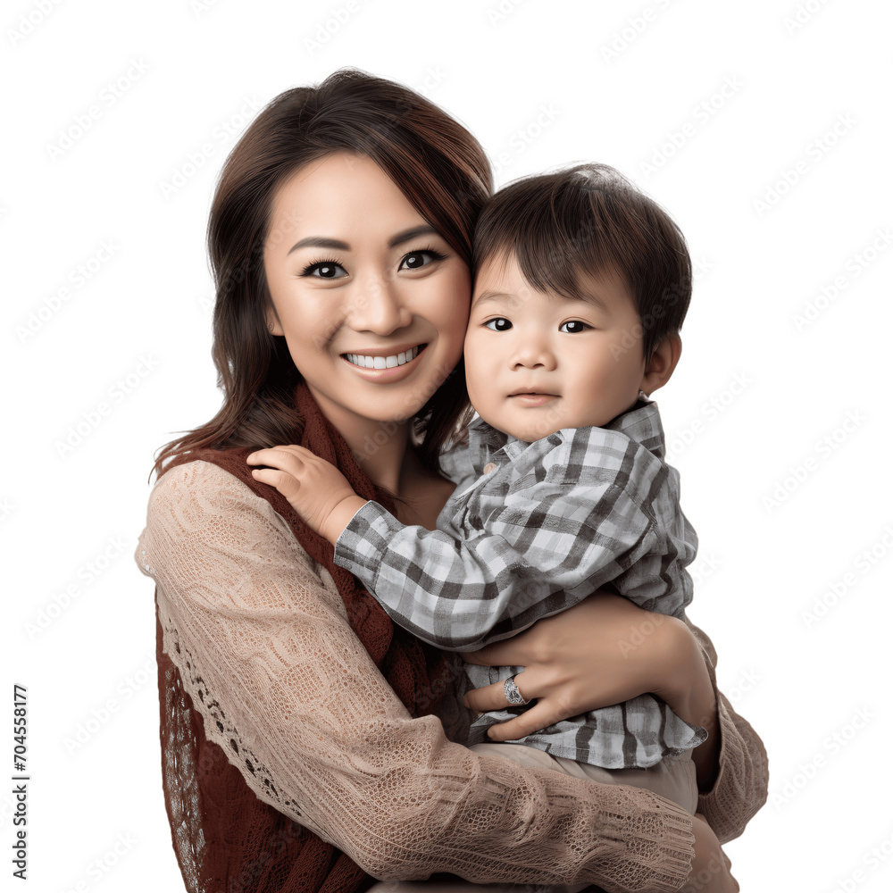 Happy Asian Mother Holding Her Child in Her Arms. Isolated on Transparent Background, No Background, Cutout. Happy Asian Mother Holding Her Child in Her Arms. Isolated on Transparent Background, No Background, Cutout.