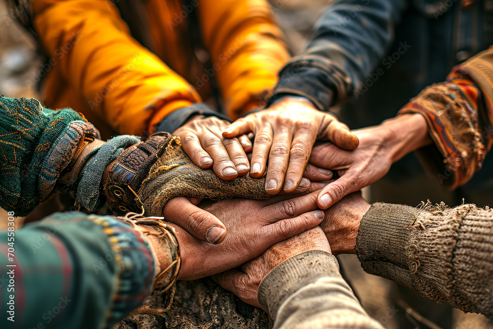 close-up of diverse hands united together, symbolizing teamwork and unity in an autumn setting close-up of diverse hands united together, symbolizing teamwork and unity in an autumn setting
