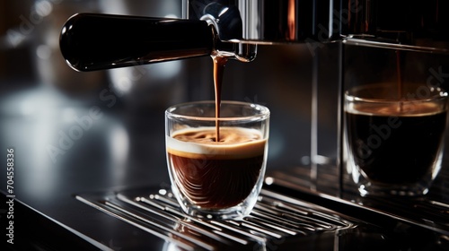 Espresso pouring into a glass  rich crema  coffee machine in action