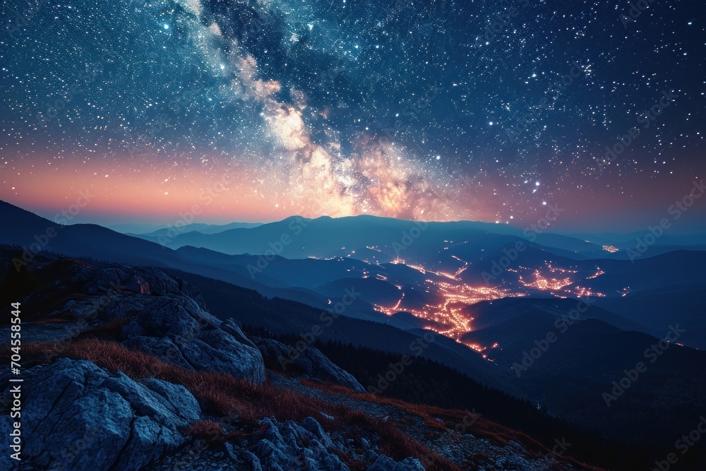 Fototapeta premium Starry Night Over Mountainous Landscape at Dusk