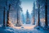 Winter forest background. Christmas trees decorated with garland lights 