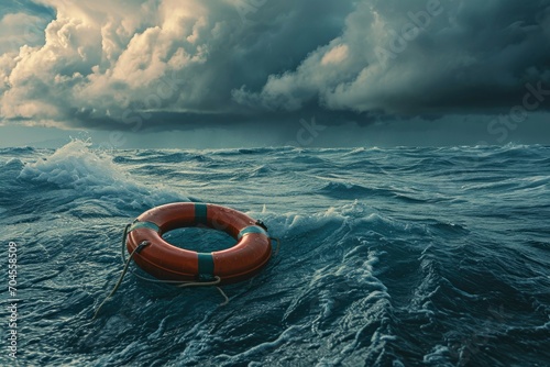 Life buoy on the sea. Safety buoy in the midst of stormy seas. Emergency rescue equipment photo