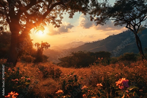 Sunset Glow Over a Blossoming Mountain Meadow