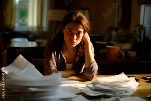 worried woman between papers at the table