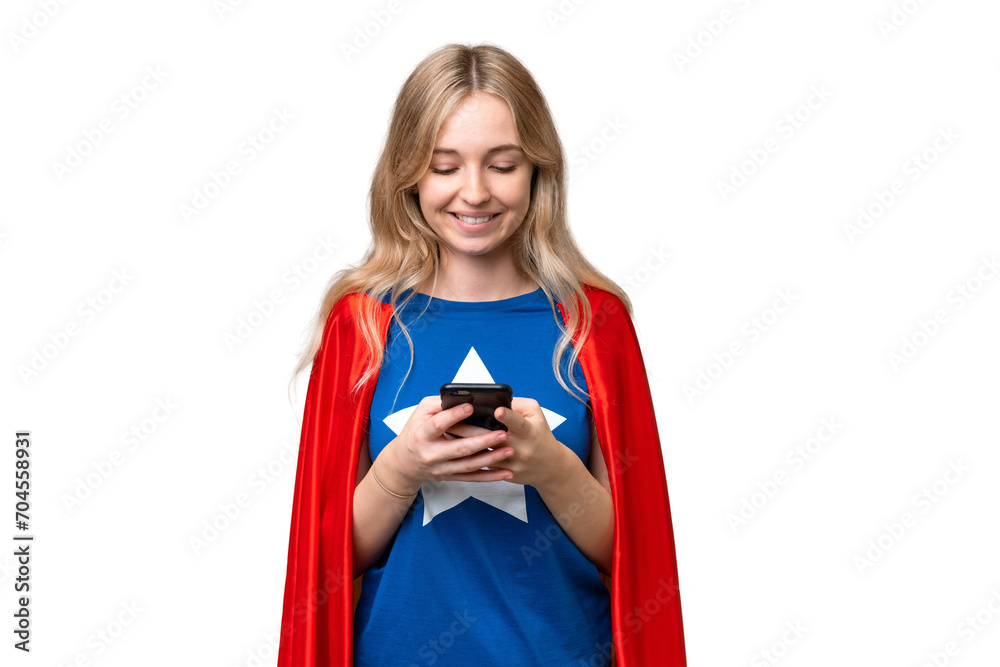 Naklejka premium Super Hero English woman over isolated background sending a message with the mobile