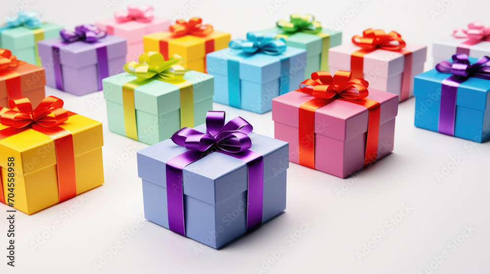 Rainbow colorful gift boxes with ribbons on white background in assortment